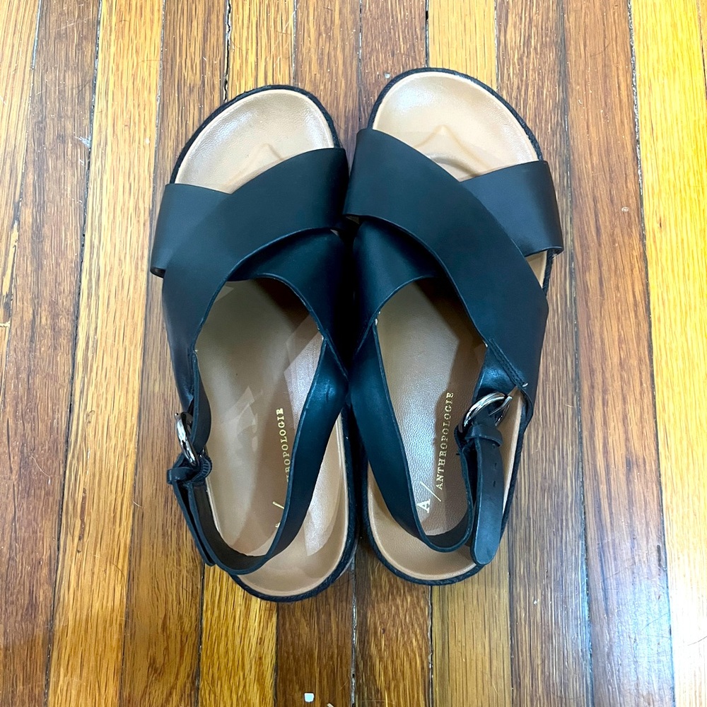 Anthropologie brand 39 Slingback black leather platform flats silver braided 8.5